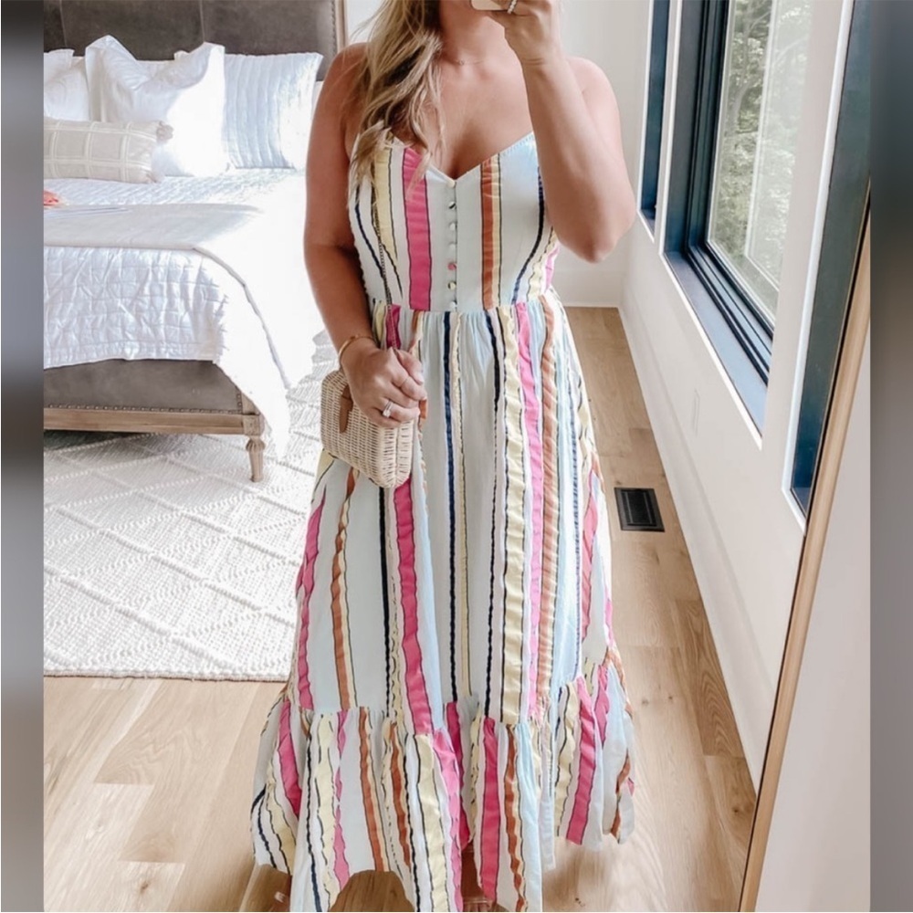 J Crew Tiered Midi Dress Pastel Seersucker Ribbons Smocked Back Striped V-Neck 8